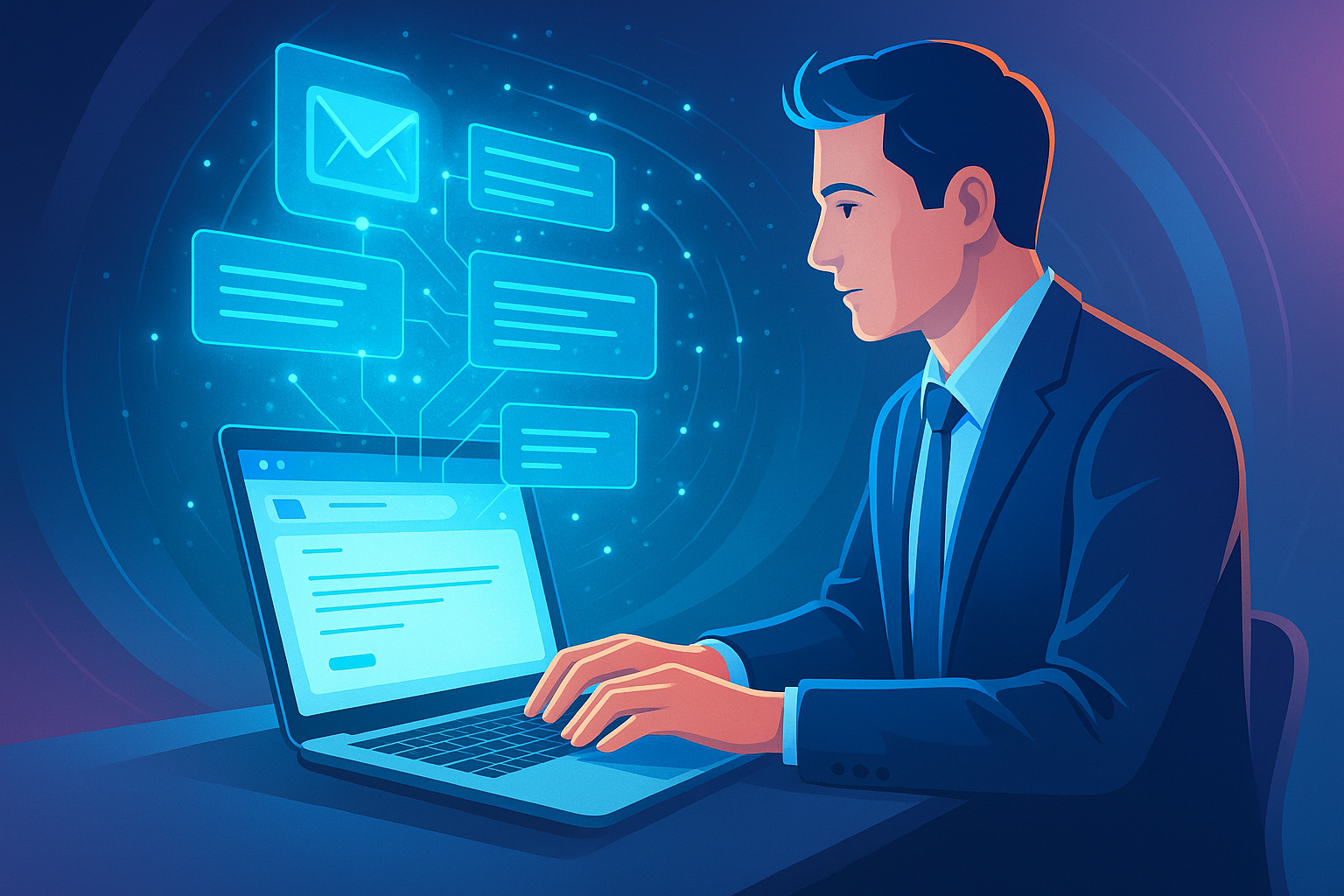 Futuristic digital artwork showing AI email writer assisting a professional in writing an email with holographic suggestions.