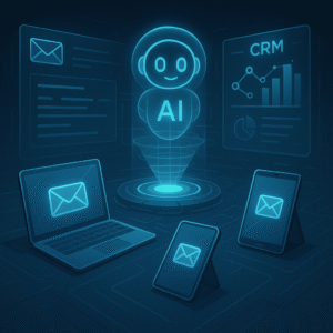 Futuristic concept artwork of AI-driven email systems integrating with CRMs and holographic dashboards.