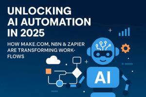 Illustration of a friendly AI robot interacting with a flowchart, surrounded by automation icons and the title 'Unlocking AI Automation in 2025 – How Make.com, N8n & Zapier Are Transforming Workflows' in bold white text on a dark blue background.