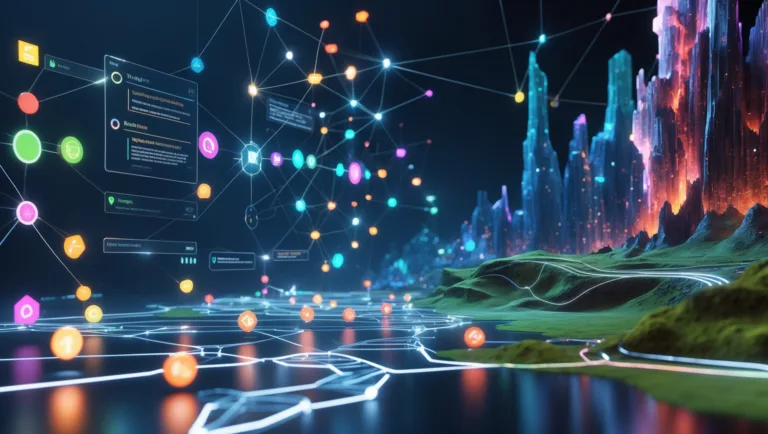A visual representation of a ComfyUI workflow, with glowing nodes and connections being arranged to create a beautiful landscape image, illustrating the guide's purpose.
