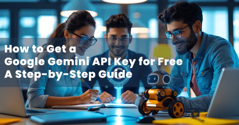 A diverse group of a freelancer, an entrepreneur, and a hobbyist working together at a table, with a glowing holographic key representing the Google Gemini API Key in the center.