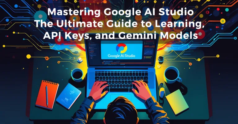 A guide to learning Studio AI, showing the process of getting a Gemini API key on a laptop screen.