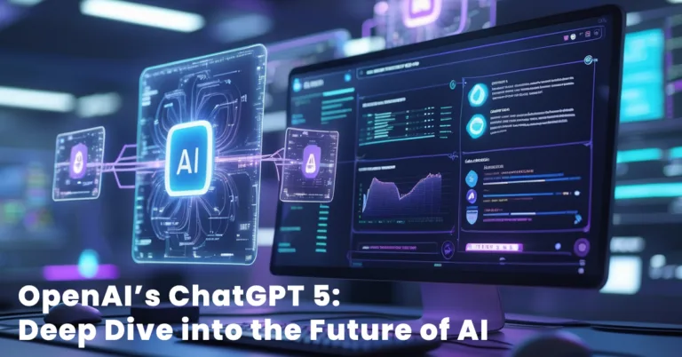 Futuristic ChatGPT 5 AI interface with holographic screens, code, and neural network visualization.