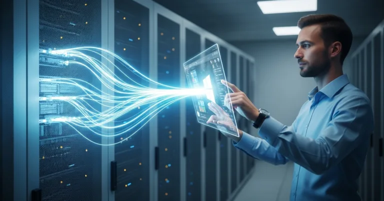 A developer interacting with a Windows Server desktop interface floating in a futuristic Google Cloud data center, illustrating a guide on the Google Cloud virtual machine.