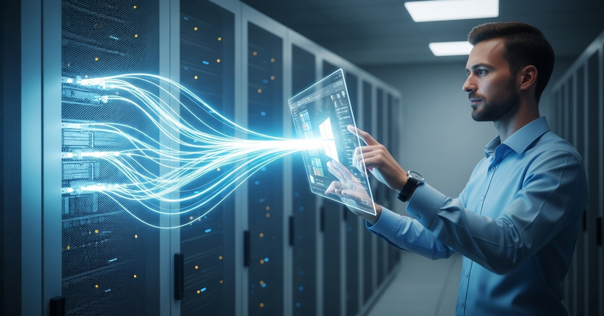 A developer interacting with a Windows Server desktop interface floating in a futuristic Google Cloud data center, illustrating a guide on the Google Cloud virtual machine.
