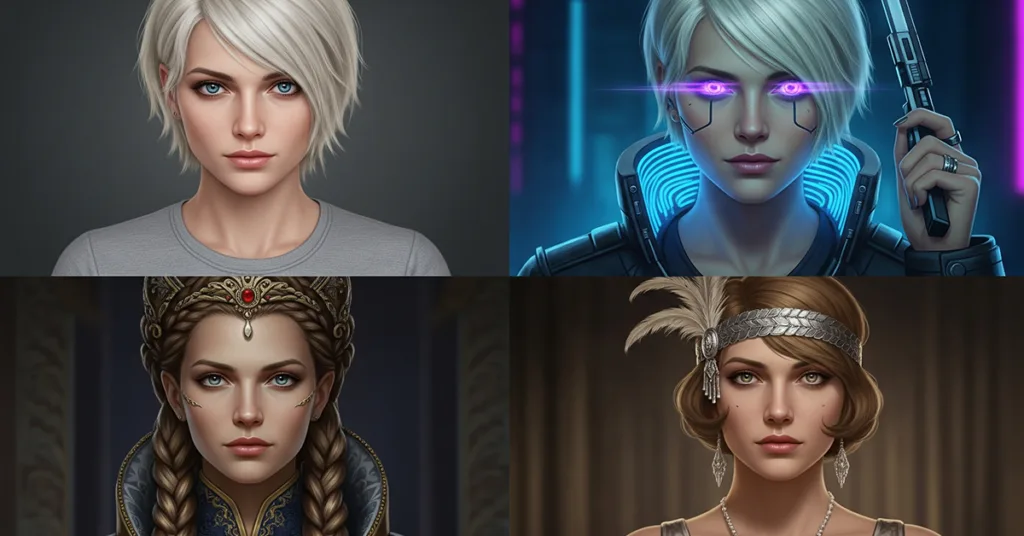 A grid of four images demonstrating the character consistency of Google Gemini Nano Banana, showing the same woman accurately portrayed in four different historical and futuristic styles.