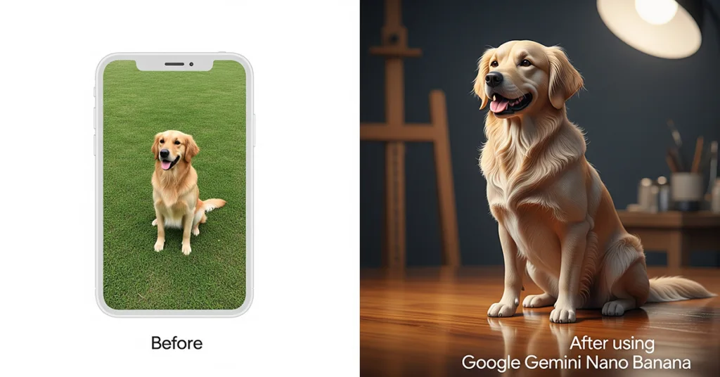 A before-and-after comparison showing a real photo of a dog being transformed into a realistic 3D-style clay figurine using Google Gemini Nano Banana.