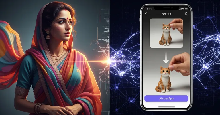 A feature collage illustrating the power of Google Gemini Nano Banana, blending an AI-generated vintage saree portrait with the app's photo-to-figurine editing capability