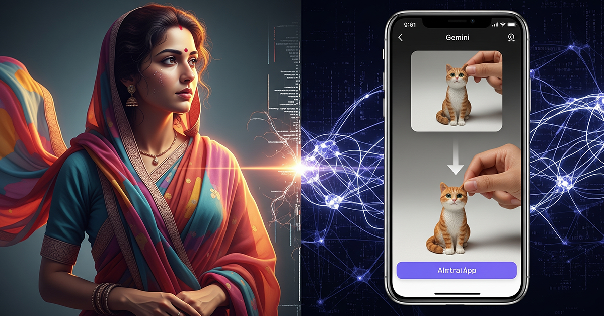 A feature collage illustrating the power of Google Gemini Nano Banana, blending an AI-generated vintage saree portrait with the app's photo-to-figurine editing capability