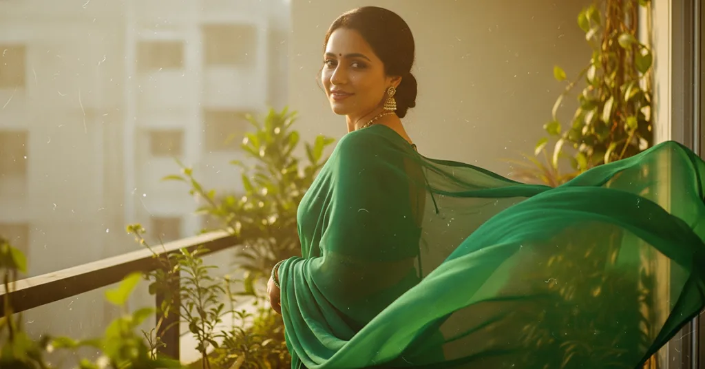 A stunning, AI-generated image capturing the essence of the viral 'AI saree trend' powered by Google Gemini, showing a woman in a vintage-style saree